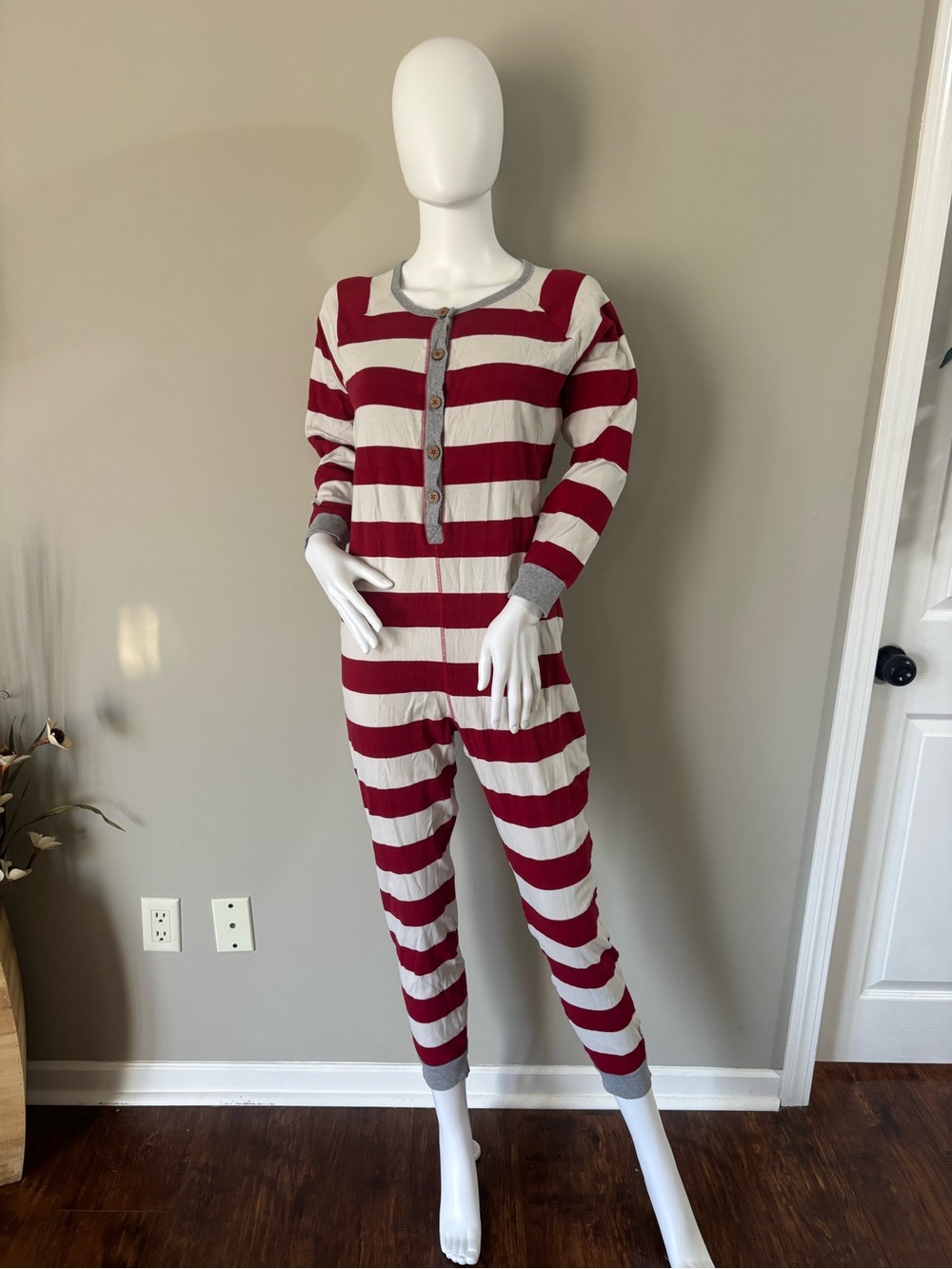 Striped Long-Sleeve Henley One-Piece Pajama in Red and Cream
